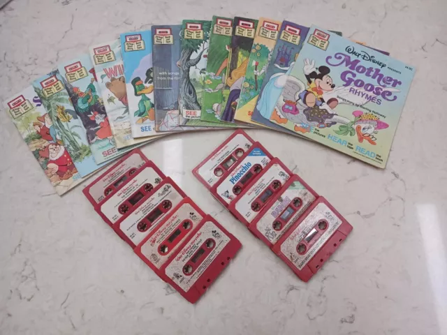 A Walt Disney Read Along See Hear & Read 1970s Lot 0f 12 Books & 10 Cassettes