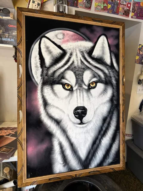 Ortiz Velvet Painting Full Moon Wolf Husky  EXTRA LARGE 39"x 27" Framed VTG
