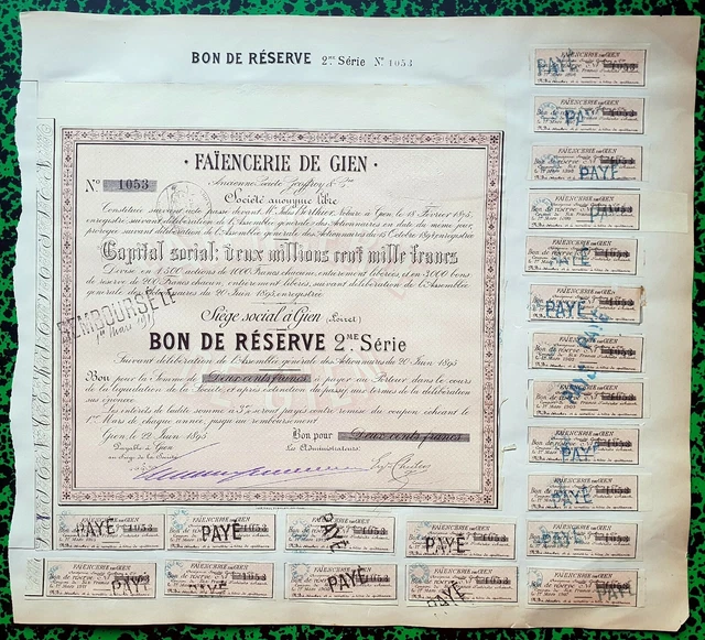 Dépt 45 - Gien - Très Célèbre Faïencerie de Gien Titre Peu Courant  22/06/1895