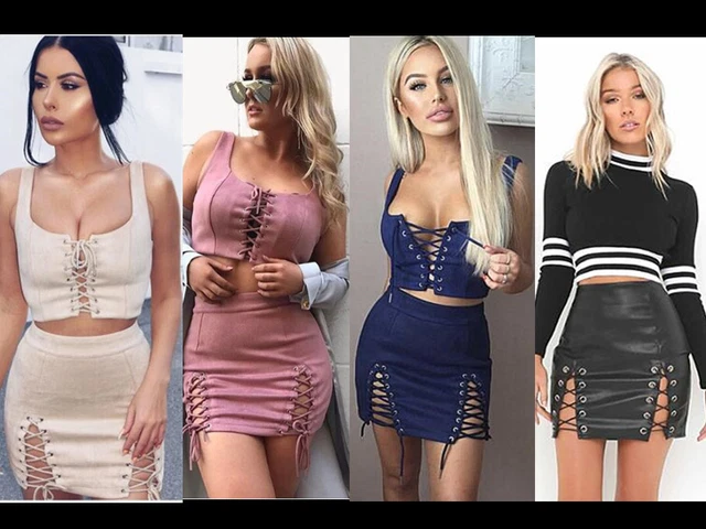 Donna 2 Pezzi Coordinato Twin Set Camoscio Merletto Corto Top Bodycon PU Cut Da