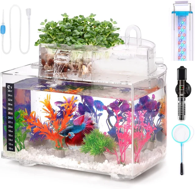 Betta Fish Tank Kit, 3 Gallon Aquarium Self-Cleaning with LED Light, Filter, Hea