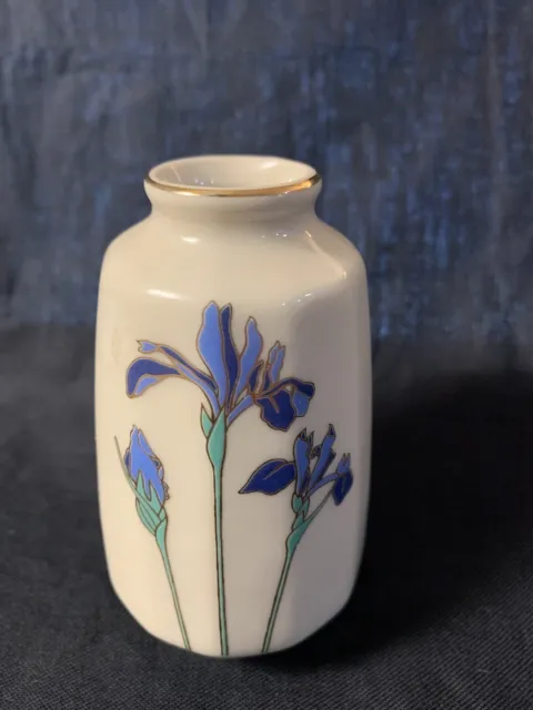 Vintage Otagiri Blue Iris Mini Bud Vase Made in Japan Cloisonné Gold Trim 3.75”