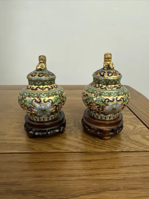 Pair of small vintage gilded covered jars with enamel decoration Cloisonné