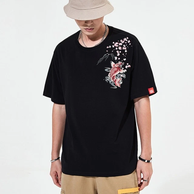 Cinese Uomo Ricamato Koi Pesce T-Shirt Casual Camicetta Maniche Corte Maglietta