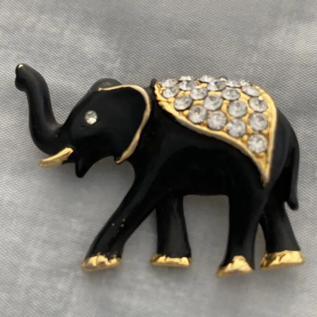 Vintage Elephant Brooch Black Enamel & Rhinestones Jewelry
