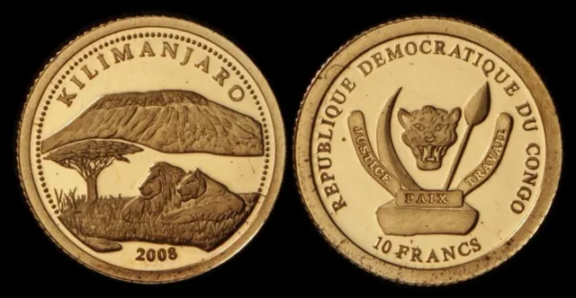 Congo (Rep. of): 2008 10 Francs Mount Kilimanjaro 0.5g 9999 Gold Proof