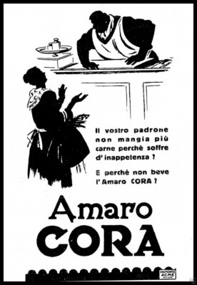 PUBBLICITA' 1928 AMARO CORA TORINO CAMERIERE SERVIZIO TAVOLA DALMONTE ACME 