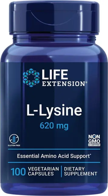Life Extension, L-Lysine, 620Mg, Hautement Dosé, 100 Capsules Végétaliennes, Tes