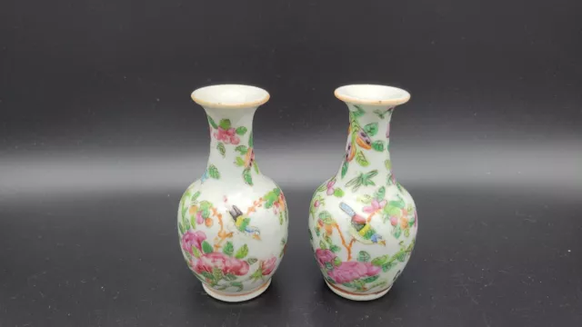 Two Antique 19th Century Miniature Chinese Porcelain Bud Vases Famille Rose