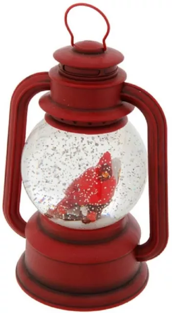 9.5" Red Lighted Lantern with Cardinal Bird Glitter Snowglobe Decor