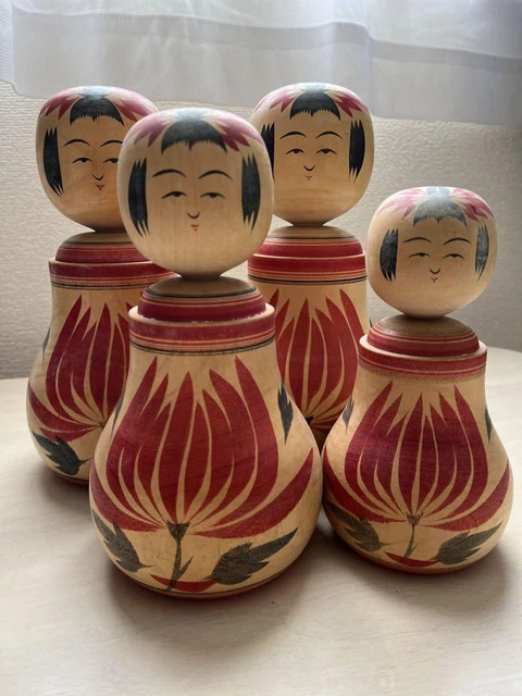 Naruko Kokeshi doll set  4  Yoshihiro Sato Satou Retro wooden doll 25cm 9.5 inch