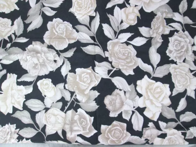 VINTAGE WHITE ROSE Floral Fabric Black Velvet Heavy Home Decor ...