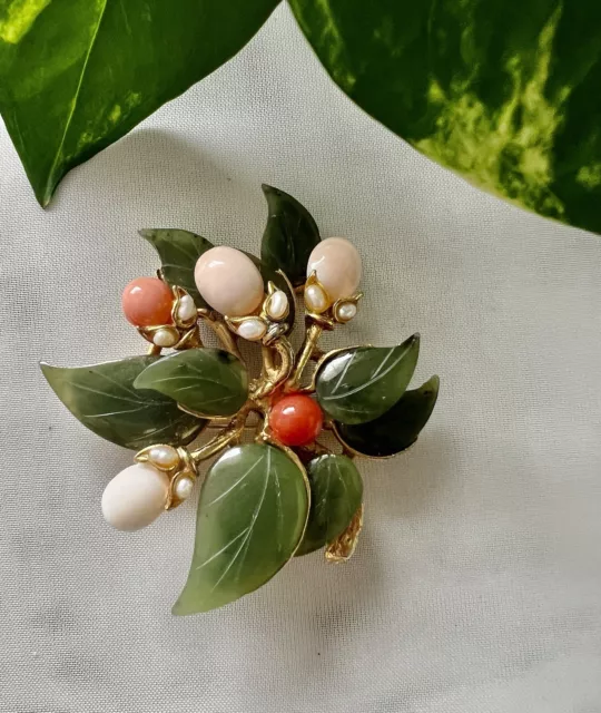 Vtg Carved Jade/Pearl Angel Skin Coral Floral Bouquet Brooch By Swoboda, 1960s