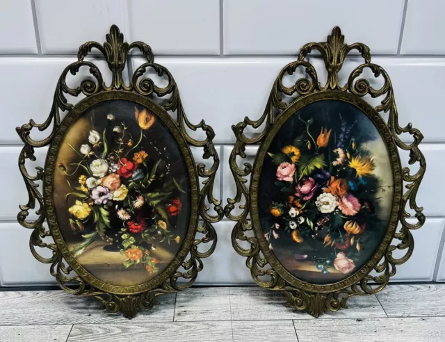 2 Vintage Oval Brass Frame Floral Picture in Convex Bubble Glass Made In Italy.