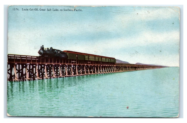 Postcard  Lucin Cut-Off, Great Salt Lake, on Southern Pacific UT posted M28