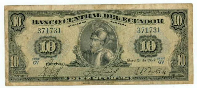 Ecuador … P-101a … 10 Sucres … Marz-21-1952 … *F+*  Serie  "GV"