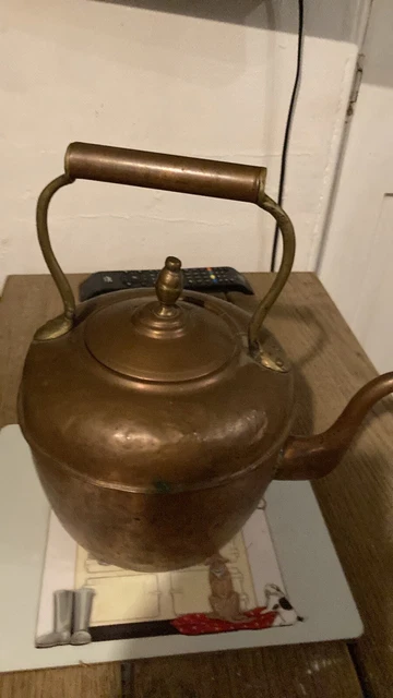 Antique Large Copper Kettle With Brass Detail - English - Vintage 27cm