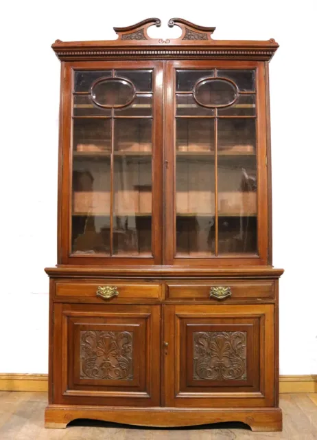 Very Large Victorian Antique carved glazed bookcase cabinet