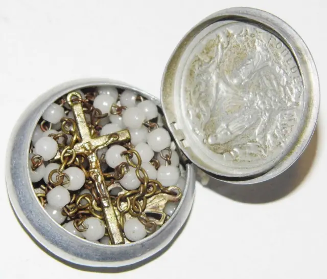 Antique Milk Glass Rosary Beads in Pewter Box HOLY Crucifix Marian Prayer 17inch
