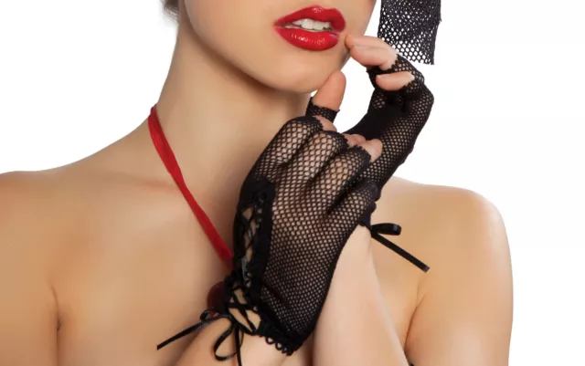 ADULT sexy ROMA short WRIST length FINGERLESS fishnet LACE-up FRENCH maid GLOVES