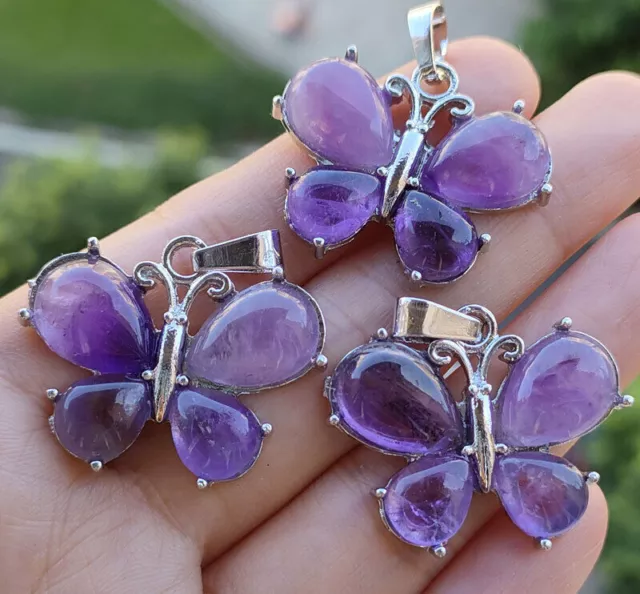 3pcs Amethyst stone Butterfly Pendants Chakra Reiki Healing Amulet