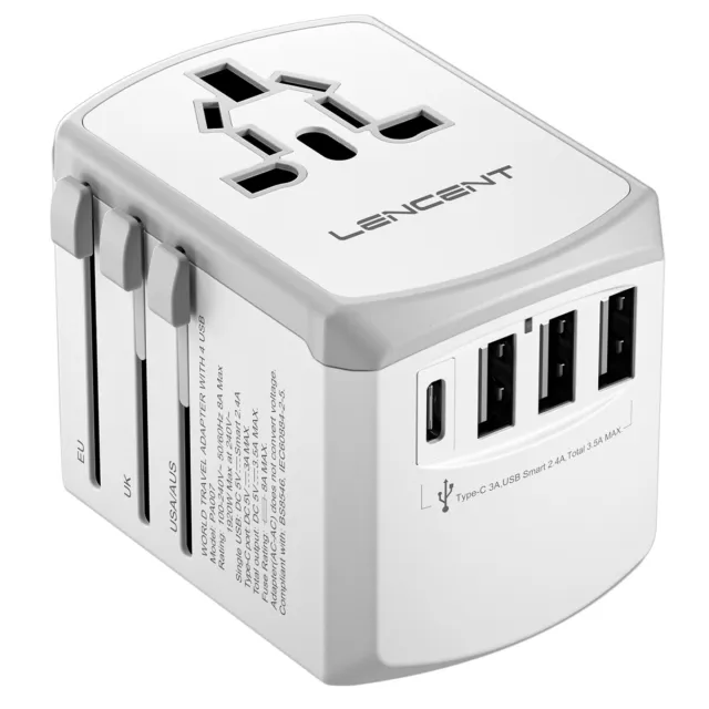 LENCENT International Universal Travel Adapter w/ 3 USB Type C AC Power Charger