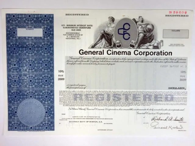 General Cinema Corp., 1984 $Odd Registered 10% Specimen Bond, XF SCUSBNC