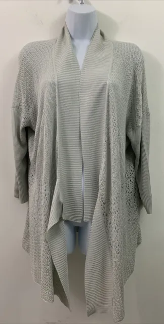 Eileen Fisher Size L Women's Waterfall Open Weave Knit Gray Silk Blend Cardigan