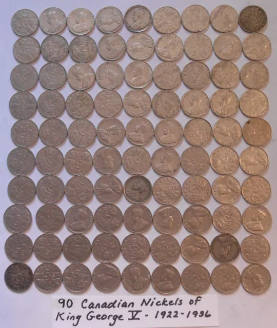 World Coin Lot:  90 Canadian Nickels of King George V