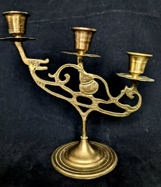 Vintage Brass Three Candlesticks Holder Playful Eccentric Dragon Body 8" x 7.5"