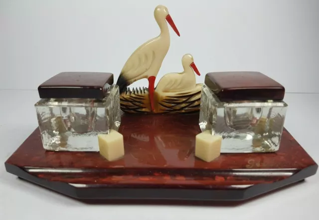 Fabulous French Original Art Deco Early Plastic Bakelite Inkstand Herons Inkwell