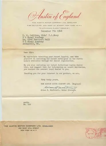 1948 Austin of England Motor Company Letter to US Naval Academy Midshipman