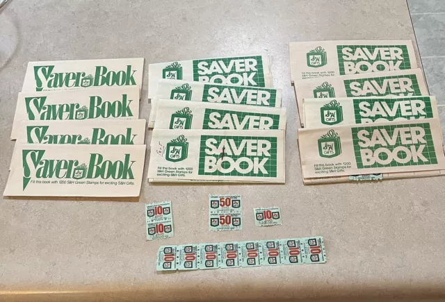 SH green stamps Saver Book Lot Of 12, 8 With Stamps, 4 Empty Books, Loose Stamps