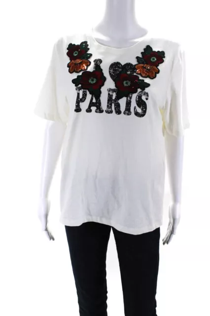 Maje Womens Embroidered Sequin Rose Short Sleeve Top Tee Shirt White Size 3