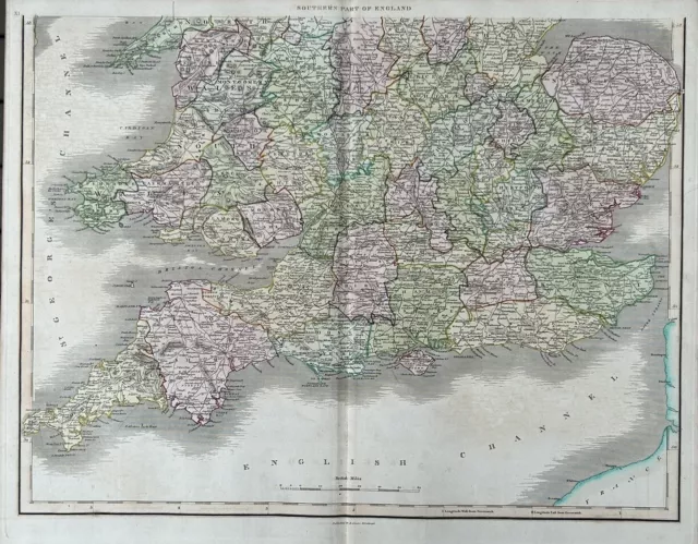 1828 South England & Wales by Daniel Lizars Large Hand Coloured Antique Map