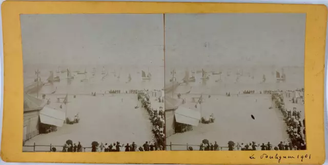 Stéréo, France, Le Pouliguen, plage, mer, voiliers, 1901 Vintage stereo card