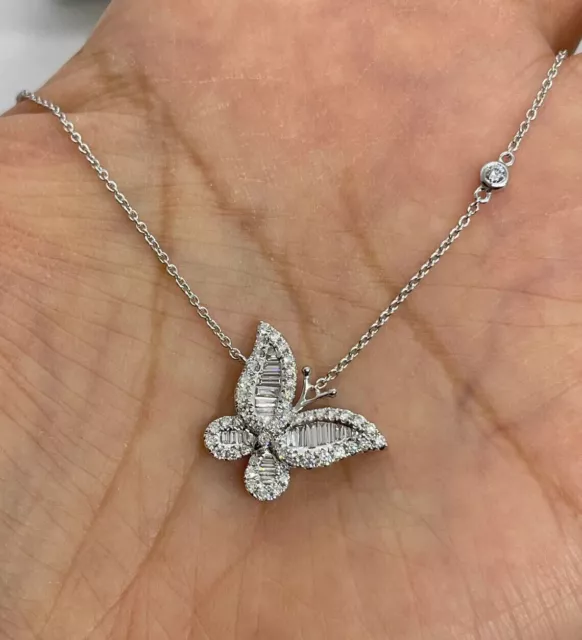 1.50Ct Baguette Cut Lab Created Diamond Butterfly Pendant 14K White Gold Finish