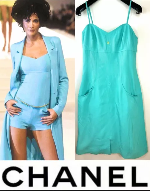 Vestido Chanel Vintage 1997 Barbie Azul Verde Tweed Hasta la Rodilla 36 38 40 4 6 8 S M