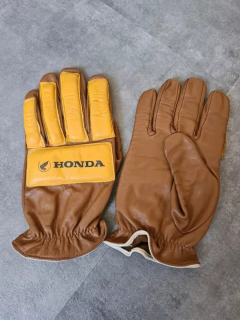 Vintage Honda motorcycle gloves 1970s ? tan and yellow with Honda branding. Med.