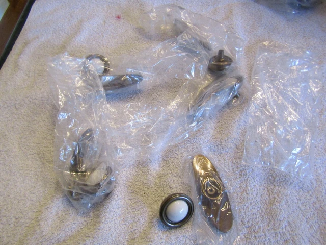 National Lock Antique Brass Cabinet Drawer Porcelain Round Pull Knob & Backplate