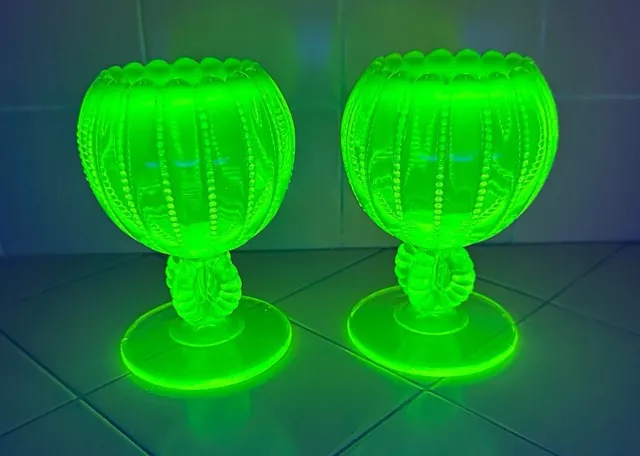 Pair 5" Antique Vaseline Glass Vases Beaded Uranium Glass Iridescent Opalescent