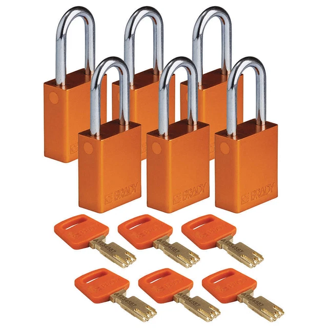 BRADY ALU-ORG-38ST-KA6PK Lockout Padlock,Al,Orange,Key Alike,PK6