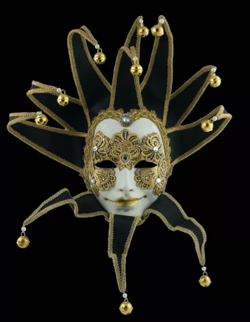 Mask from Venice - Volto Jolly Black Golden Macrame Paper Mache Luxury - 758-