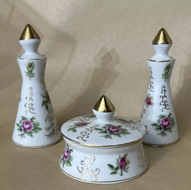 Vintage Vanity Dresser Jar Set And Perfume Bottles IRICE HANDPAINTED PORCELAIN