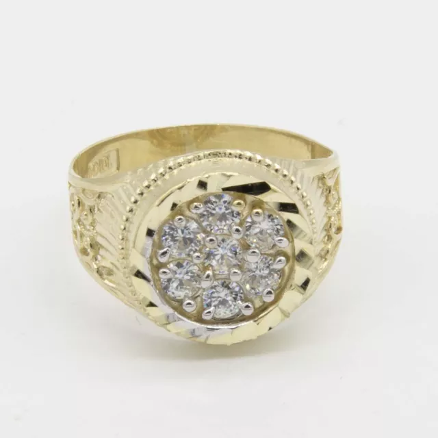 Textured Round CZ Signet Ring Real Solid 10K Yellow Gold All Sizes