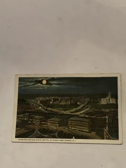 Postcard Union Station & State Capitok, By Night, Providence, RI 1921 Moon