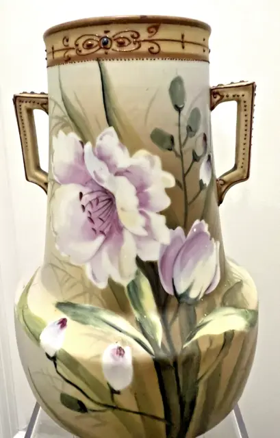 Vintage Nippon Porcelain Hand Painted Purple Floral Flower Handled Vase