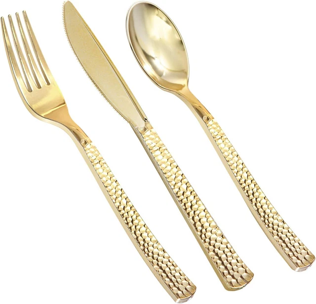 Gold Plastic Silverware Cutlery Forks Spoon Flatware Include Knive Suit Birthday