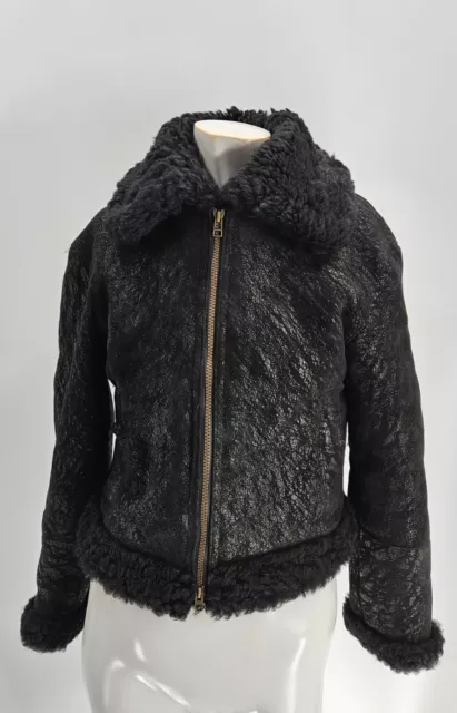 Hide Society Womens Black Spanish Lamb Shearling Shaggy Aviation Jacket 4