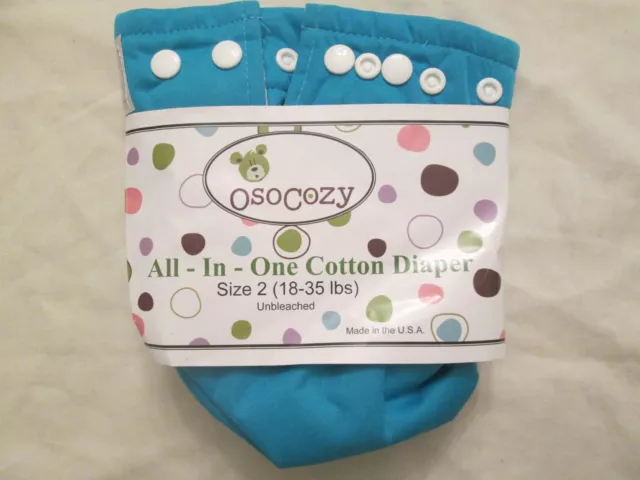 New OsoCozy All In One AIO Cloth Diaper Sz 2 Aqua Unbleached Cotton Snap 18-35lb